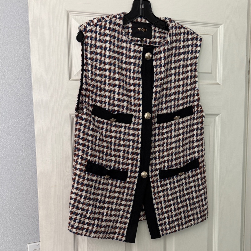 Maje Multicolor Houndstooth Tweed Vest with Black Trim